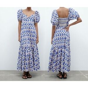 NWT Zara Floral Print Midi Dress Medium Puff Sleeve Smocked Cottagecore